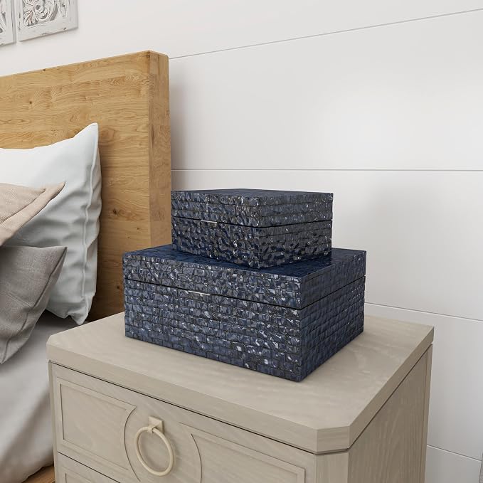 Deco 79 Mother of Pearl Shell Handmade Decorative Box Mosaic Storage Decorative Keepsake Boxes, Set of 2 Storage Boxes 5", 4"H, Dark Blue