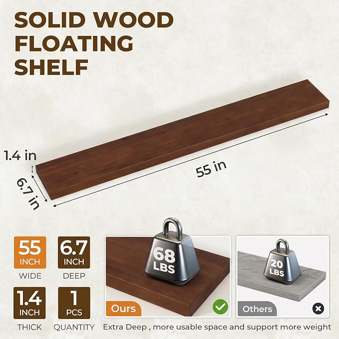 55 inch Floating Shelves for Wall, High End Solid Real Wood Floating Shelf with Heavy Duty Invisible Bracket 55in Long Wooden Wall Shelves for Living Room, Bedroom, Kitchen, Bathroom, Set of 1, Walnut