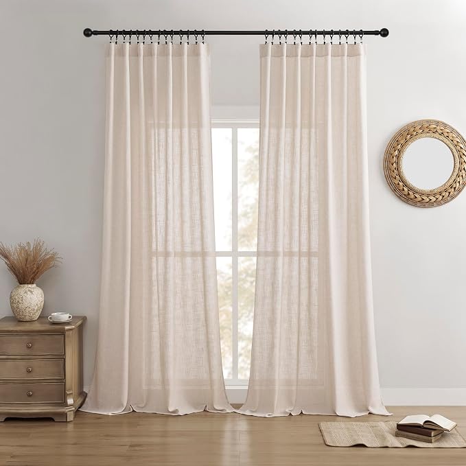 Joydeco Linen Curtains for Living Room,Semi Sheer Drapes Window Long Curtains 90 inches Long Pink Beige