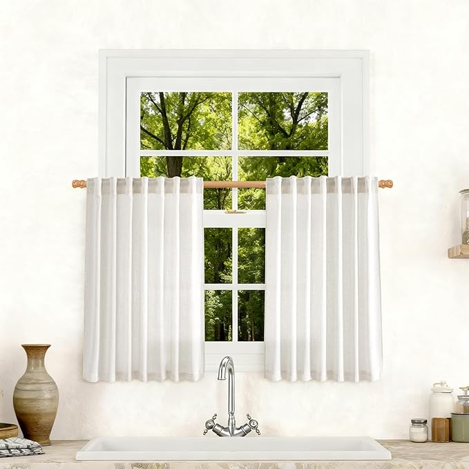 Jowels Natural Linen Cafe Curtains 40 Inch Long 2 Panels for Kitchen | Ivory Light Filtering Sheer Curtain,Back Tab Pocket Pleated Look,Modern Farmhouse Textured Privacy Drapes Tiers Over Sink
