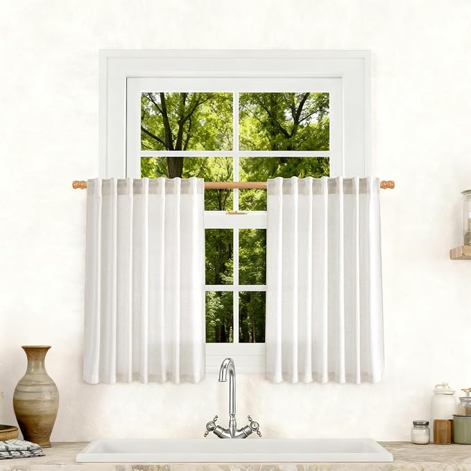 Jowels Natural Linen Curtains 45 Inch Long 2 Panels for Living Room | Ivory Light Filtering Sheer Curtain,Back Tab Pocket Pleated Look,Modern Farmhouse Textured Privacy Drapes for Bedroom Window