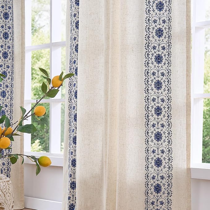 jinchan Weslie Boho Lined Linen Curtains for Bedroom Blue Vintage Floral Farmhouse Curtains 96 Inches Long Linen Drapes for Living Room Embroidered Drapes Rod Pocket Blue on Beige 2 Panels