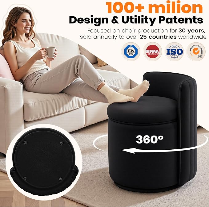 Vanity Chair with Storage, 360° Swivel Velvet Makeup Stool with Wave Backrest, Modern Round Upholstered Closet Stool, No Assembly for Bedroom, Dressing Room & Living Room, Black