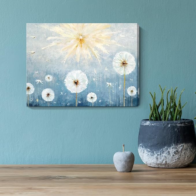 Nicetop Blue Dandelion Canvas Wall Art 16x12, Small Coastal Botanical Farmhouse Bathroom Decor Ready to Hang for Bedroom Living Room