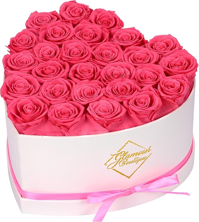 GLAMOUR BOUTIQUE Preserved Roses in a Box - Gifts for Her, Wife & Mom, Rose Flowers Forever Decor for Birthday Gift, Get Well Flower Bouquet Cased in White Box with Cover - Pink - 27 (Color-Treated)