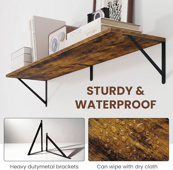 Vivelove Deep Floating Shelves for Wall, 48W x 8D Wood Wall Shelves Set of 2, Wide Floating Bookshelf for Living Room, Kitchen, Office, Bedroom and Decor Storage, with Metal Bracket - Rustic Brown