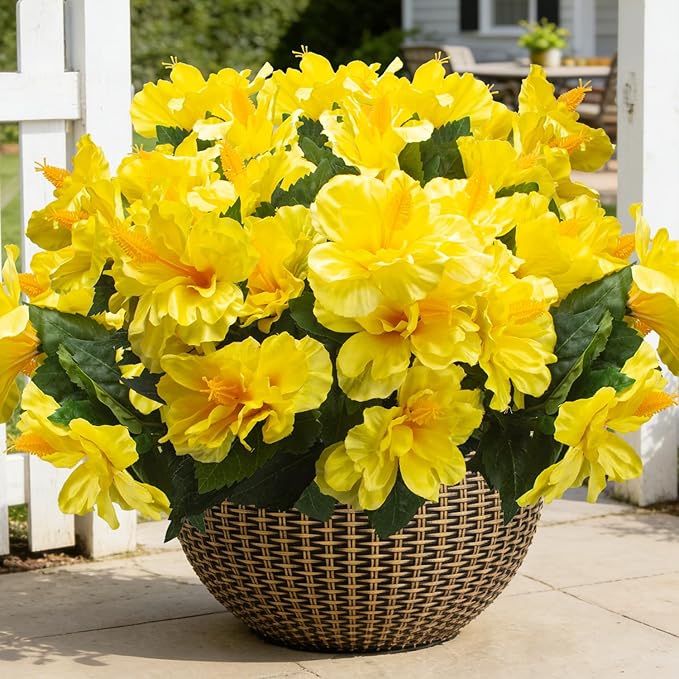Grunyia Artificial Hibiscus Flowers 5 Bundles, UV Resistant Fake Tropical Flowers Realistic Silk Blooms for Outdoor Planter Garden Patio Porch Window Box Home Decor (Yellow)