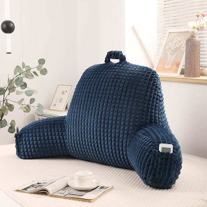 Reading Pillow with Arms for Bed Sitting,Blue Flannel | Large Supportive Backrest with Arms Helps Ease Neck,Shoulder & Arm Strain While Gaming Reading or Watching TV