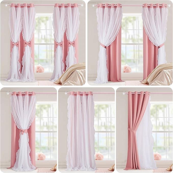 PONY DANCE Pink Curtains for Nursery, Double Layer Bow Curtains with Ruffle Sheer Overlay for Girls Bedroom,Cute Shabby Chic Room Darkening Drapes in Coquette Style,Blush Pink,52x84 inch, 2 PCs