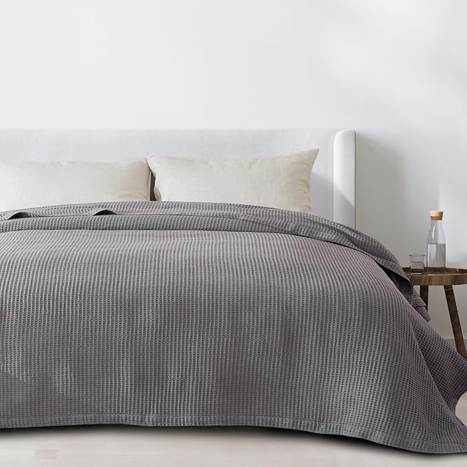 100% Cotton Dark Grey Blanket King Size for Bed - Breathable and Soft, Waffle Weave for Summer Spring, 102x90 Inches.