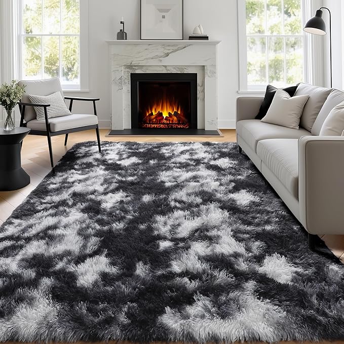 PAGISOFE 9x12 Area Rugs Living Room, Extra Large Black White Grey Rugs for Bedroom Fluffy Indoor Rugs for Kids Room Classroom Dorm Room Aesthetic Shaggy Carpet Plush Modern Cool Rug