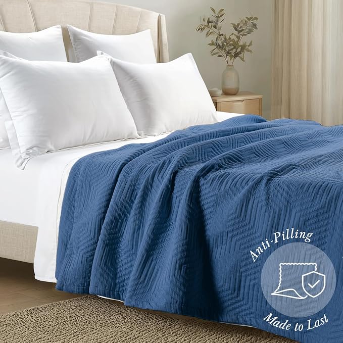 Threadmill Luxury Cotton Blankets for King Size Bed | All-Season Cozy 100% Cotton King Size Blanket | Aster Soft & Lightweight Coverlet fits California King Size Bed, 104x92 | Folkstone Blue