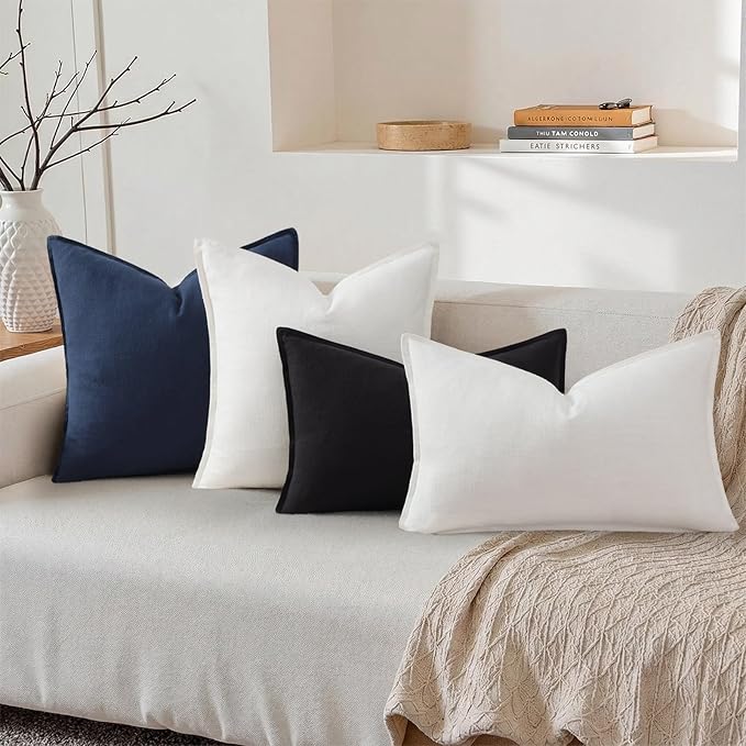 decorUhome Summer Decorative Linen Throw Pillow Covers 12x20 Inch Set of 2 Black Lumbar Pillow Covers with Flange Edges Soft Farmhouse Boho Accent Pillow Cases for Couch Bed Living Room