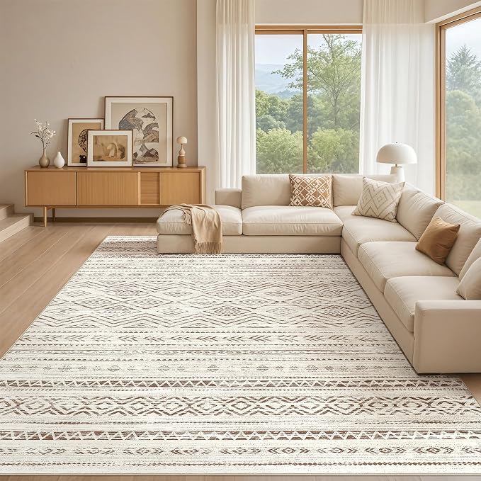 Tortania Area Rug Living Room Rugs - 10x12 Washable Large Soft Neutral Boho Moroccan Bohemian Farmhouse Rug Indoor Floor Carpet for Bedroom Under Dining Table Home Office Decor - Brown