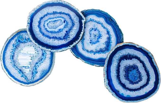 Nature's Decorations Blue Agate Stone Coasters - Set of 4, Polished Geode Drink Mats for Dining & Coffee Table & Kitchen Geode Decor Non-Toxic 4.5-5" Diameter