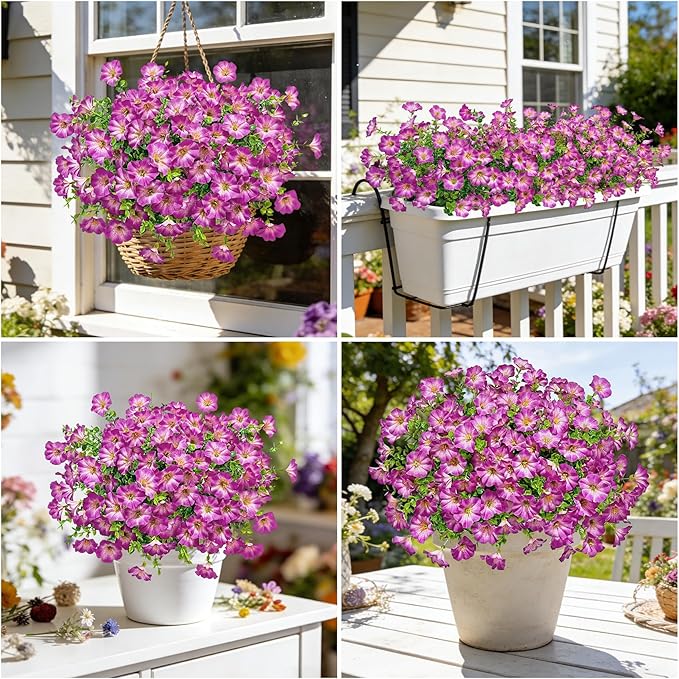Ouddy Decor 24 Bundles Artificial Flowers for Outdoors, Fake Petunias Flowers Silk Morning Glory with Eucalyptus Faux Plants for Indoor Outside Spring Summer Yard Garden Porch Home Decor, Light Purple