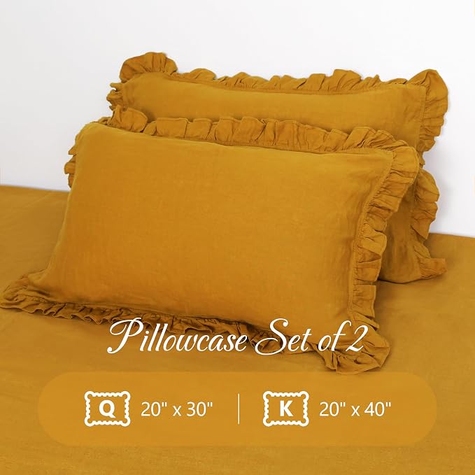 Linen Ruffled Pillow Cases,100% French Natural Linen Pillowcase Set of 2,Decorative Boho Pillow Cases Ruffle Bedding King Size (20''x40''),Yellow