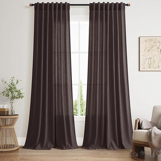 Nanspring Cocoa Coffee Linen Blend Light Filtering Back Tab Curtains 108 Inches Long, Semi Sheer Privacy Drapes for Living Room & Bedroom, 52x108 inch, 2 Panels