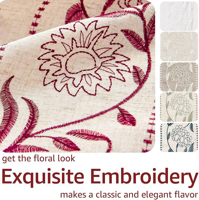 jinchan Winslow Linen Curtains for Bedroom 96 Inches Length Embroidered Bordered Floral Curtains for Living Room Farmhouse Decor Light Filtering Window Treatments Red on Beige Drapes 2 Panels