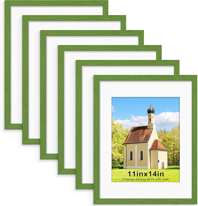 PEALSN 11x14 Picture Frame Set of 6, Display Pictures 8x10 with Mat or 11x14 without Mat for Wall Mounting or Table Top Display, Photo Frames Collage for Wall Decor, Green