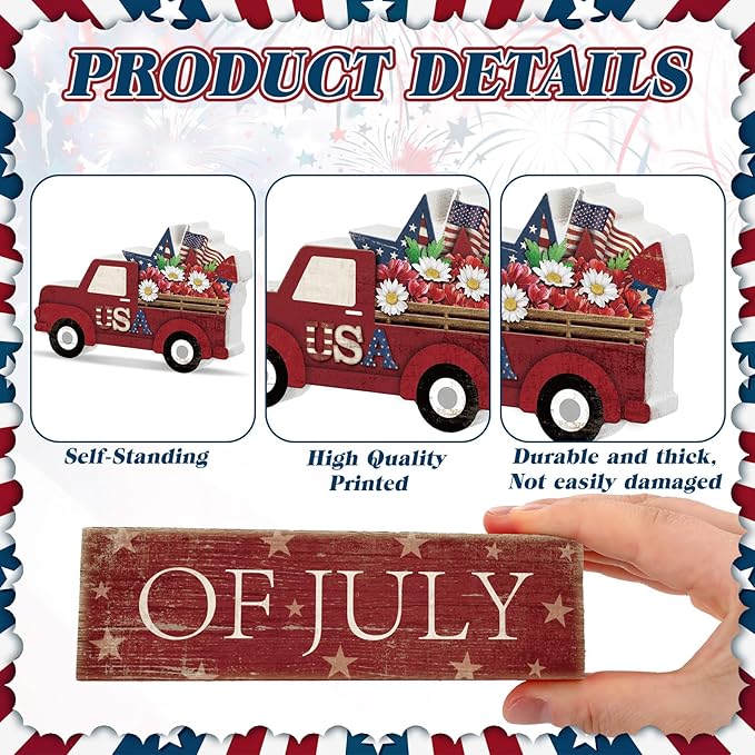 CroBlissful 4 Pcs 4th of July Decorations Patriotic Memorial Day Tabletop Decoration Wooden Star Block Signs Red White Blue Centerpieces 250th Anniversary for Office Tiered Tray Home Shelf