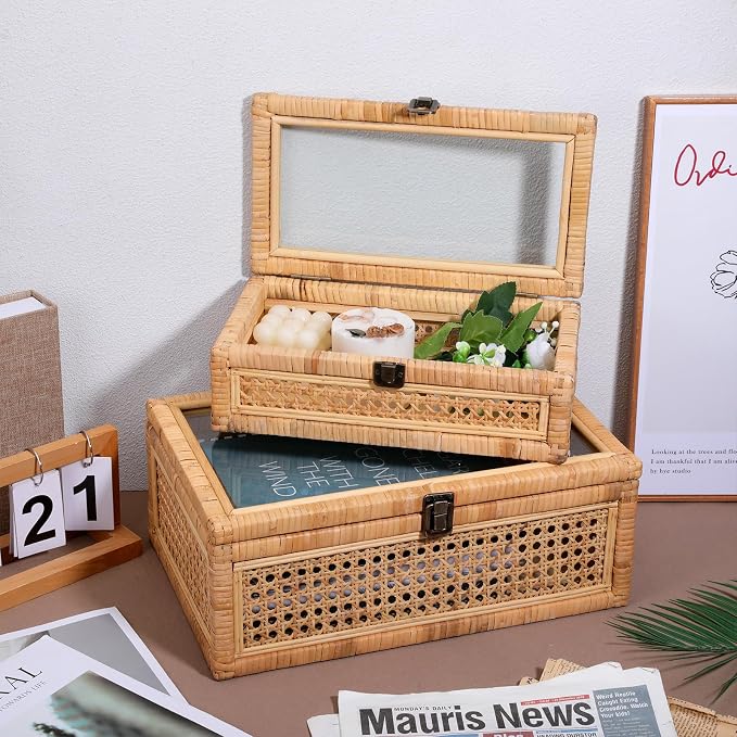 EupHHonycs Rattan Decorative Box with Lid Large Decorative Box Lid Display Rectangular Woven Boxes with Glass, Set of 2