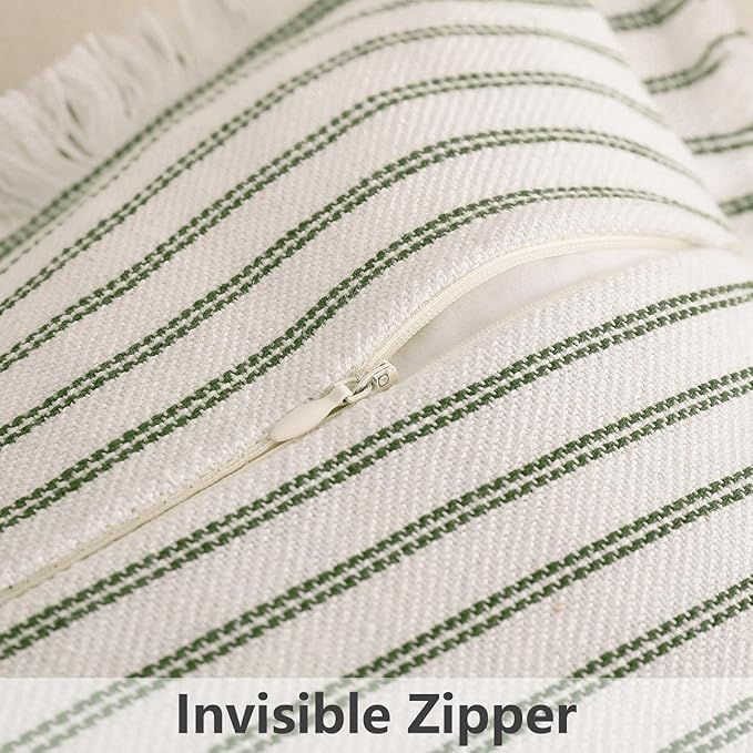 ZWJD Throw Pillow Covers 16x16 Set of 2 Striped Pillow Covers with Fringe Chic Cotton Decorative Pillows Square Cushion Covers for Sofa Couch Bed Living Room Farmhouse Decor, (Olive Green)