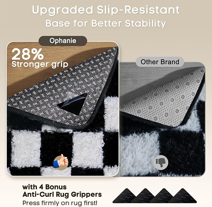 Ophanie Checkered Black & White Rug for Living Room Bedroom,Fluffy Soft Cute Fuzzy Area Rugs,Shag Plush Shaggy Bedside Floor 8x10 Furry Carpet Kids Baby Teen Dorm Decor with Over 99 pcs Pile fibers