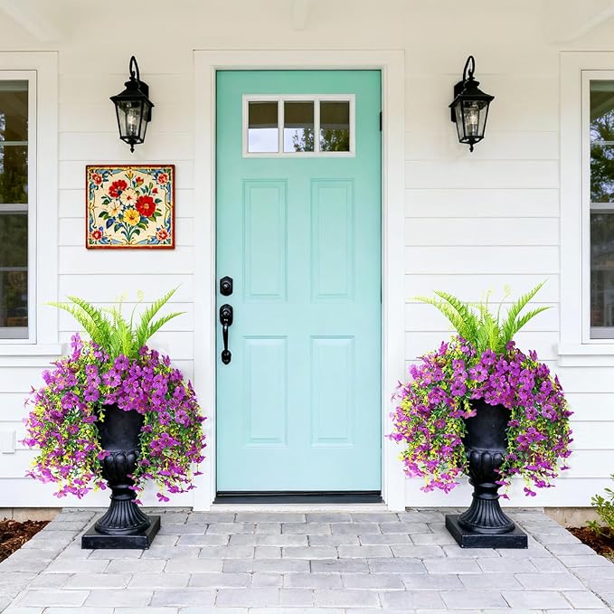 ZFProcess Artificial Fake Hanging Flowers for Outdoors, Silk Daisy with Articial Boston Ferns Plants Set, Realistic Spring Fake Outdoor Flowers UV Resistant Porch Patio Yard Decor