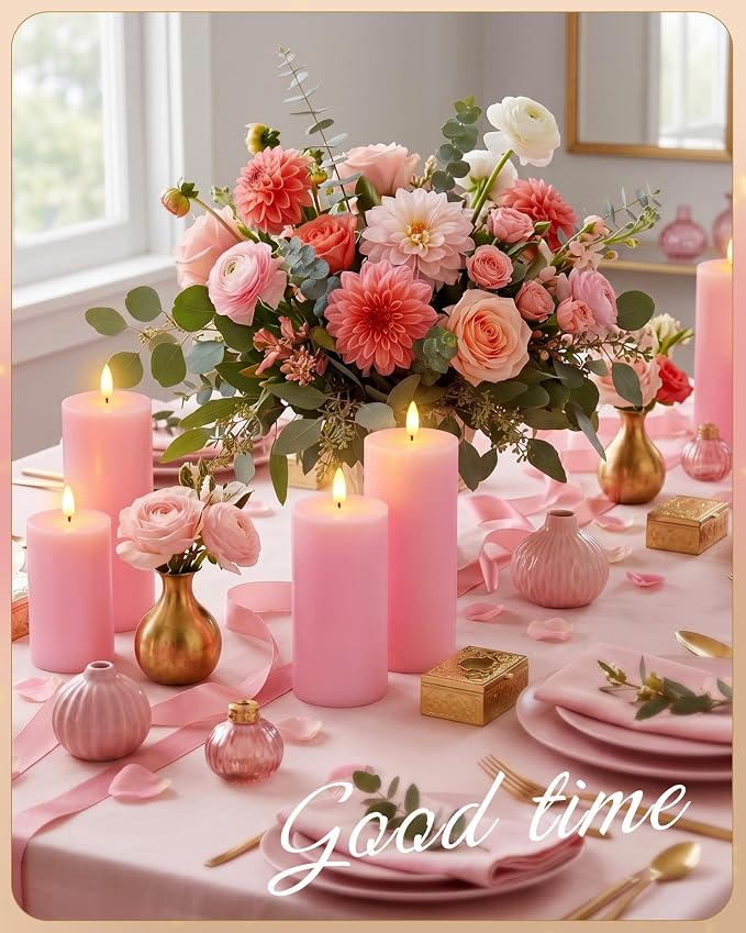 VIHOSE 6 Pack Pink Flameless Candles Set with Remote and Timer Flickering Flameless Battery Candles Flat Top LED Pillar for Wedding Outdoor Home Festival Decoration(D 3" H 6" 7" 8")
