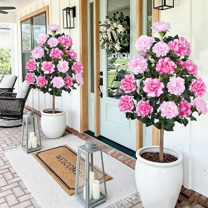 2 Pack 4FT Artificial Peony Tree, Fake Pink Trees for Outdoors Decor | 21 Blooming Peonies Flowers, Artificial Flowering Trees, For Front Door Porch Patio Living Room Office Indoor Outdoor Decor