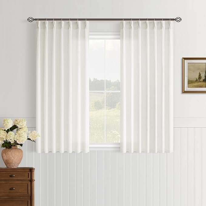 Cream Semi Sheer Linen Pinch Pleated Curtains 45 Inch Long | Extra Short 45 inch Length Small, Pinch Pleat Hook Rings Memory Shape, Ivory Beige Neutral, Faux Linen Textured, Boho Modern