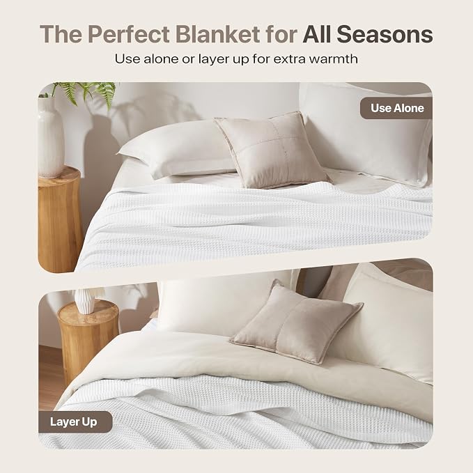 Madison Park 100% Cotton Blanket, Trendy Woven Waffle Weave Design, All Season, Lightweight, Breathable, Soft and Cozy Casual Summer Cover, for Bed, Couch and Sofa, Full/Queen(90 in x 90 in), White