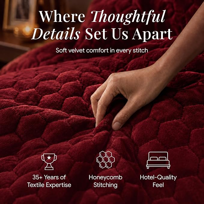 Tribeca Living Lugano Oversized Velvet Quilt and Sham Set | All Season, Extra Large, 3 Piece Velvet Queen Quilt Set with 2 Pillow Shams in Burgundy Honeycomb Pattern 260 GSM