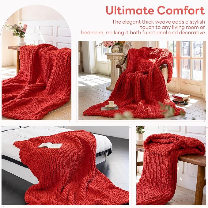 Chunky Knit Blanket - Luxury Soft Cozy 50 * 60 Throw Blanket,100% Woven Blanket Rope Knot Throw Blanket for Couch, Sofa, Home Decor, Gift - Machine Washable (Wine red, 50 * 60)