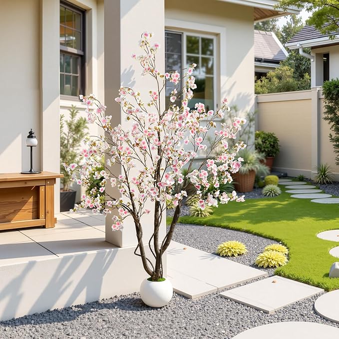 Caxchiling Artificial Cherry Blossom Tree 5FT, Pink Faux Floor Tree | Ball-Shaped Pot with Moss Topper, Lifelike Faux Tree for Home Office, Living Room, Bedroom, Doorway and Hallway Decor