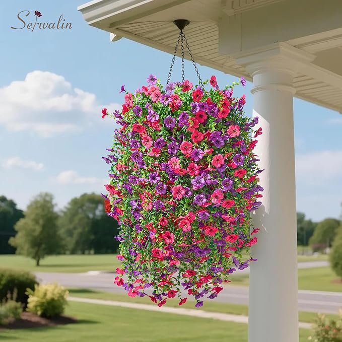 Serwalin 4PCS Artificial Hanging Flowers for Outdoors Summer Decoration, UV Resistant Fake Hanging Realistic Plants for Patio, Garden, Porch, Window, Outside (Purple&Rose Red,4PCS)