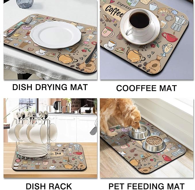 Coffee Bar Mat Accessories for Countertop Super Absorbent Anti-Slip Silicone Dish Drying Mats Kitchen Counter Draining Pad Decor Gift Fit Maker Pot Espresso Machine 23inx15in