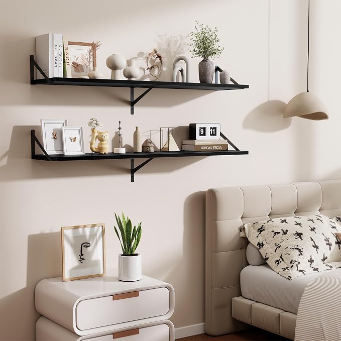 Acovy 48inch Floating Shelves for Wall,10" Deep Floating Shelves with Metal Brackets,Wall Mounted Hanging Floating Shelf,Wide Display Shelves for Living Room,Bedroom,Office,Kitchen,Black