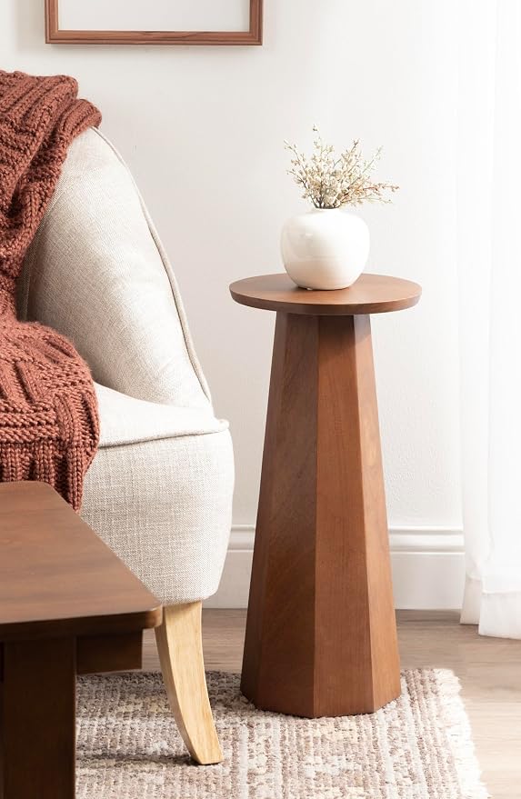 Kate and Laurel Hemingson Modern Mango Wood Round Drink Table, 10 x 10 x 22, Walnut Brown, Mid-Century Circle Pedestal Table for Use as Bedroom Nightstand, Indoor Plant Stand, or Living Room Accent