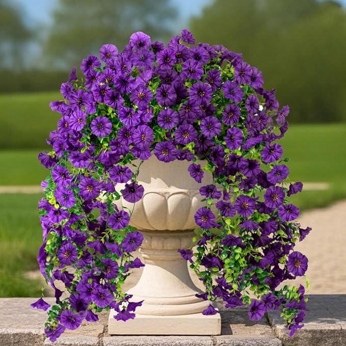 ADXORA Fake Artificial Hanging Morning Glory Flowers for Outdoor Planters Porch Pation Decoration,2 PCS UV Resistant Silk Faux Flowers with Realistic Eucalyptus Plants for Home Office Garden Decor