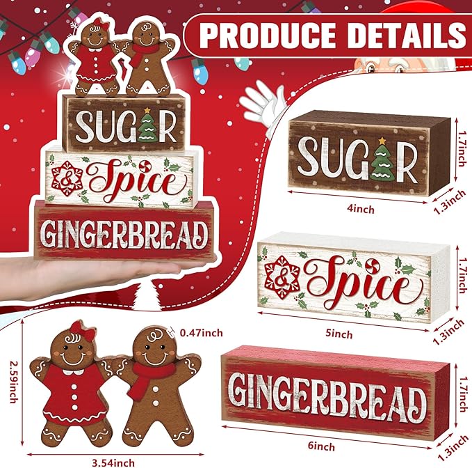 Marsui 4 Pcs Christmas Gingerbread Table Decorations Gingerbread Man Wooden Sign Blocks Rustic Xmas Tiered Tray Decor Farmhouse Holiday Christmas Decorations for Home Indoor Office Desk Mantle Shelf
