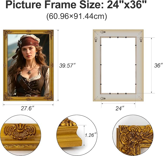 ArtXO Gold 24x36 Picture Frames: Wooden Wall Frames for 24 by 36 Photo Display, Vintage Picture Frames, Ornate Photo Frames 36x24 without Glass and Back
