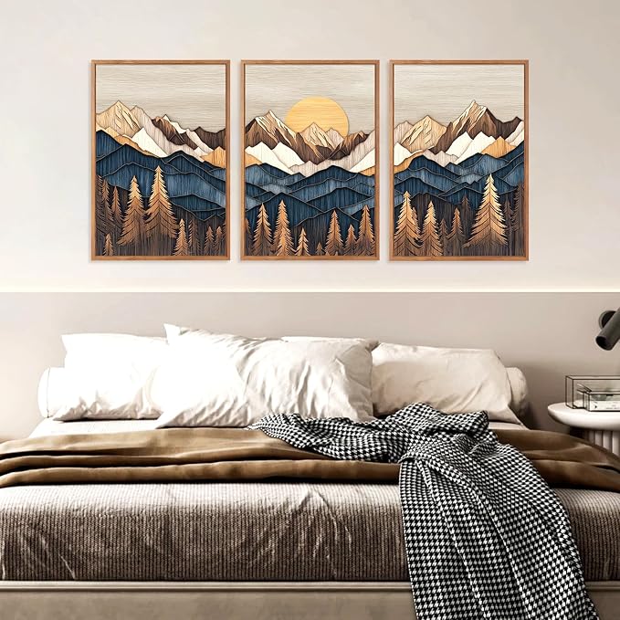 HOURIA 3Pcs Framed Boho Mountain Forest Sunrise Canvas Wall Art Set (16"x24"), Abstract Pine Tree Mountain Landscape Wall Decor, Mid Century Modern Nature Wilderness Scenery Art Print for Office Farmhouse Home