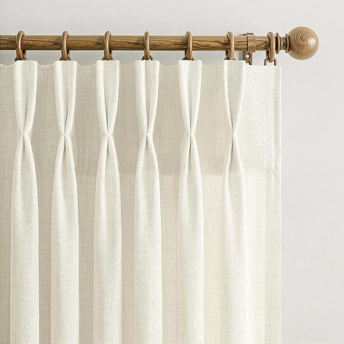 Cream Linen Semi Sheer Curtains 84 Inches Long for Sliding Glass Doors, Memory Shape Pinch Pleated Farmhouse Light Filtering 7FT Length Window Curtain Privacy Drapes with Back Tab (50"Wx84"Lx2 Panels)