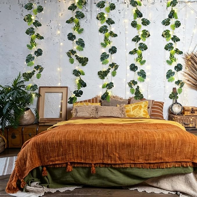 RECUTMS Monstera Leaves String Lights 1P 20LEDs Artificial Tropical Palm Leaf Battery Operated Hanging Rattan Light Faux Greenery Vines for Hawaiian Party Luau Jungle Beach Summer Indoor Outdoor Decor