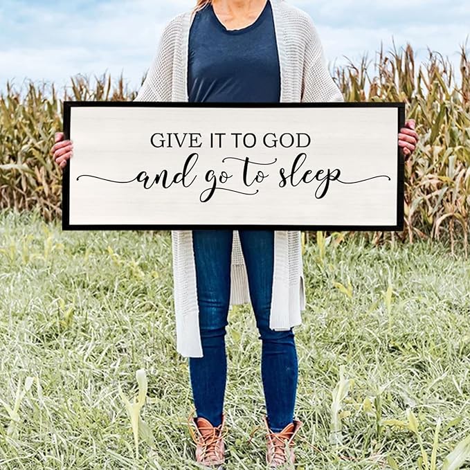 Give It To God And Go To Sleep Wall Decor 40"X15" Master Bedroom Above Bed Sign Christian Rustic Farmhouse Over Bed Large Religious Vintage Wood Framed Horizontal Catholic Wall Hanging Art (Black)