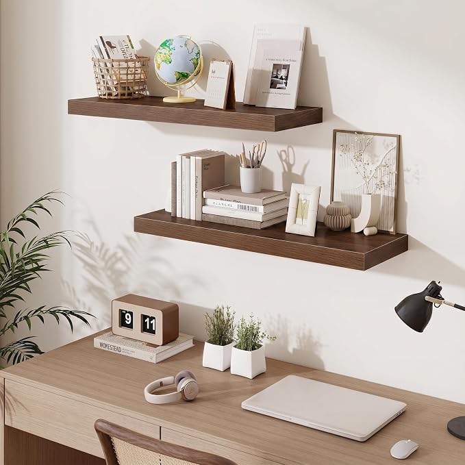 Fun Memories Floating Shelves for Wall, 32 Inch Long Floating Shelves Set of 3, 32 x 10 Wooden Shelves for Wall, Large Storage Shelves, Hanging Shelves for Bathroom Kitchen Bedroom, Walnut