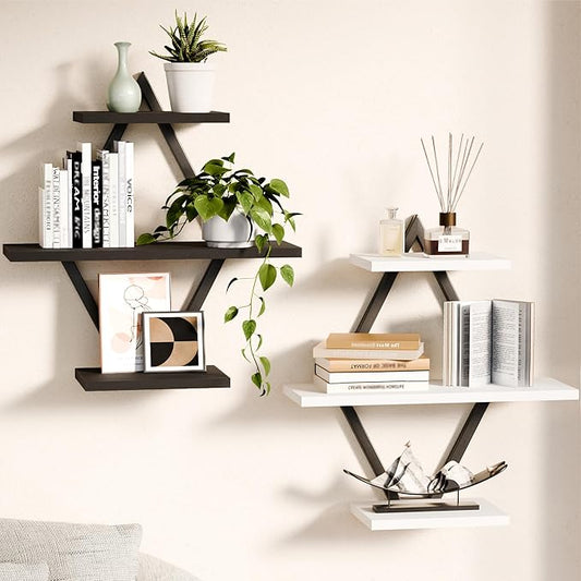 Floating Shelves, Wall Shelf Set of 2, Wall Mounted Shelves, 3-Tier Hanging Wall Shelves for Bathroom, Living Room, Bedroom, Kitchen, Office (Black & White)