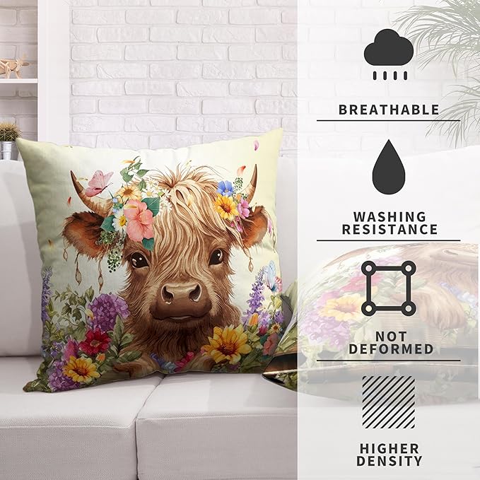 Highland Cow Pillow Covers 22x22 Set of 2 Cattle with Flowers Throw Pillow Covers Spring Outdoor Pillowcase Cotton Linen Farmhouse Cushion Case for Sofa Outdoor Patio